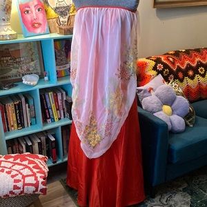 vintage unique red strapless gown w/ sheer painted floral overlay + gold trim